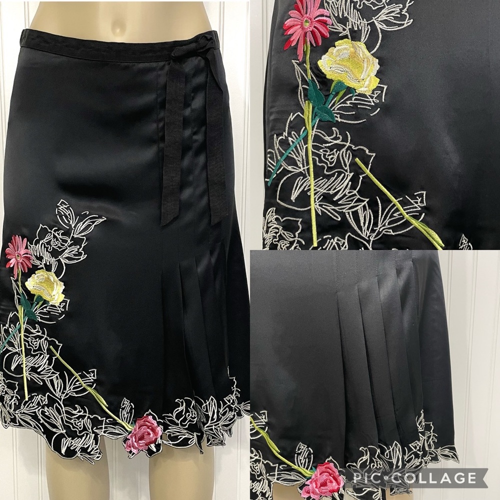 100% Silk Black Floral Embroidered Knee Length Skirt Size 6 Like New